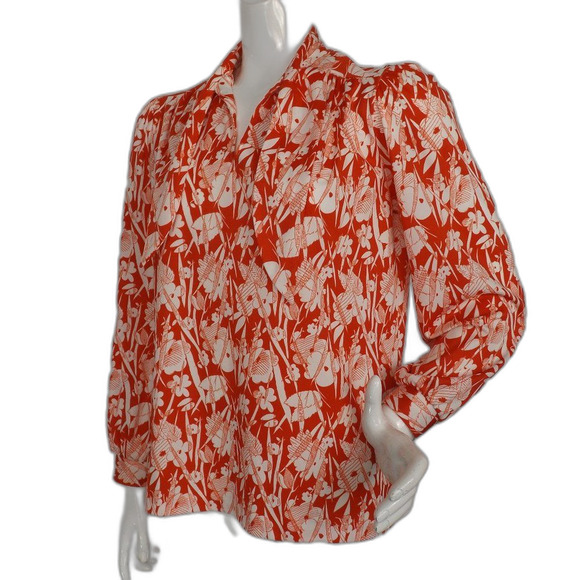 FIRE ISLANDER Vintage Blouse, M, Red-Orange/White, Sketched Floral, Long slvs - Picture 5 of 13